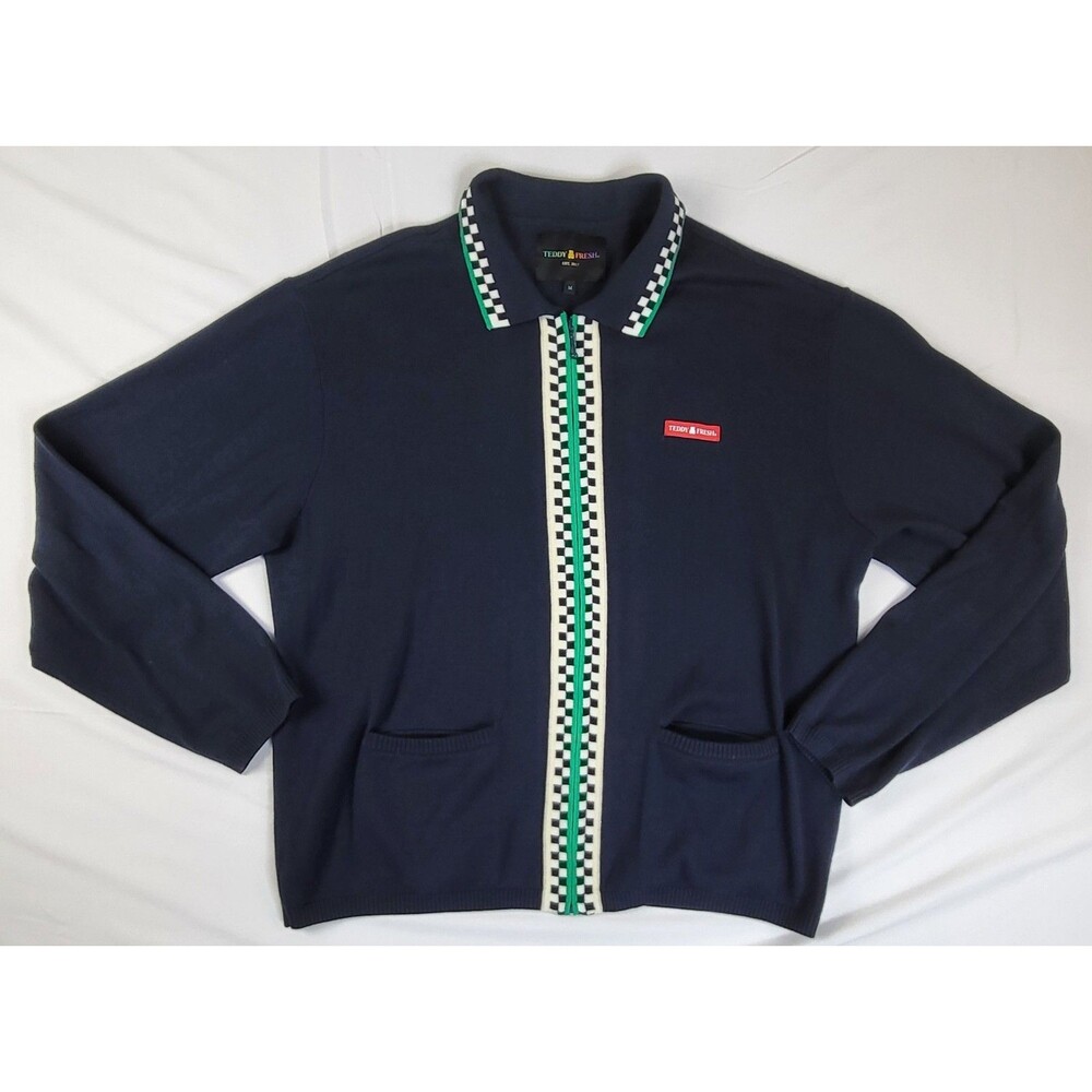 Teddy Fresh Full Zip Cardigan Checkered Accent Long Sleeve Pockets Blue Mens M